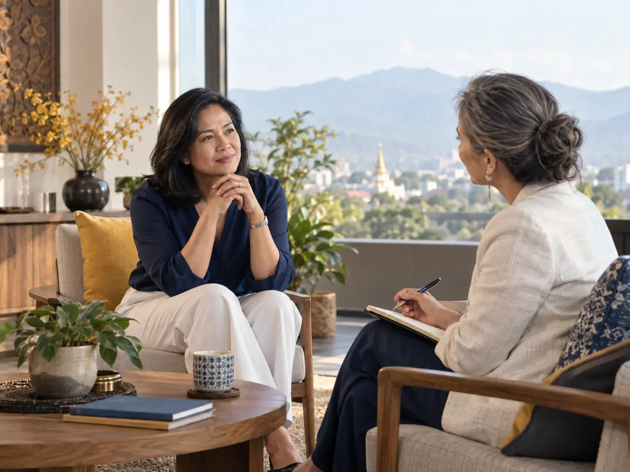Senior leader in a confidential one-to-one executive coaching conversation in Chiang Mai