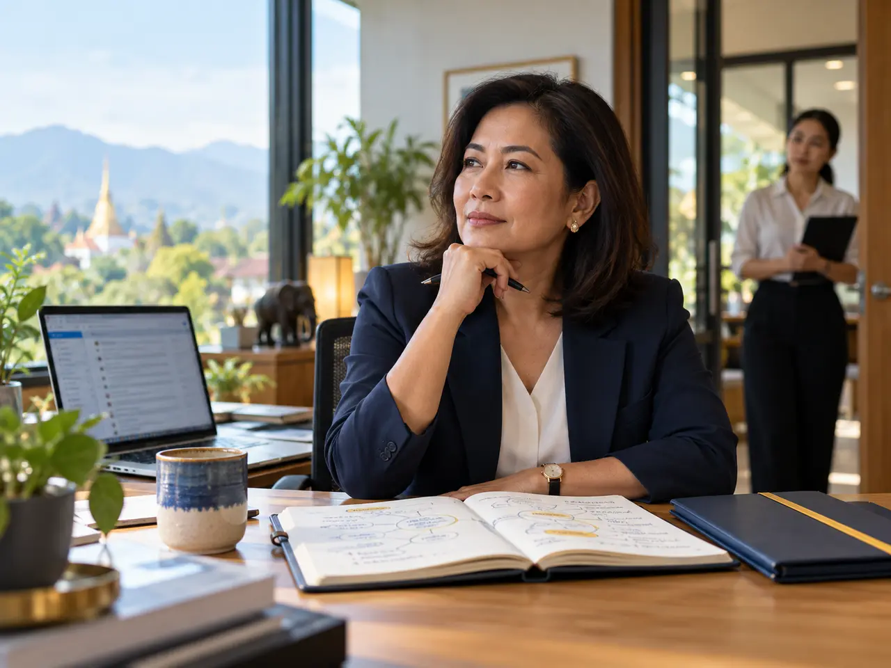 Senior leader reflecting on how to apply leadership training in a real workplace situation